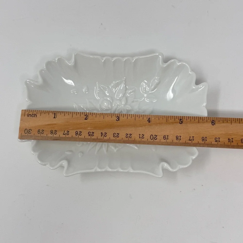 Vintage White Scalloped Porcelain Vanity Dish with Raised Floral Design – 6